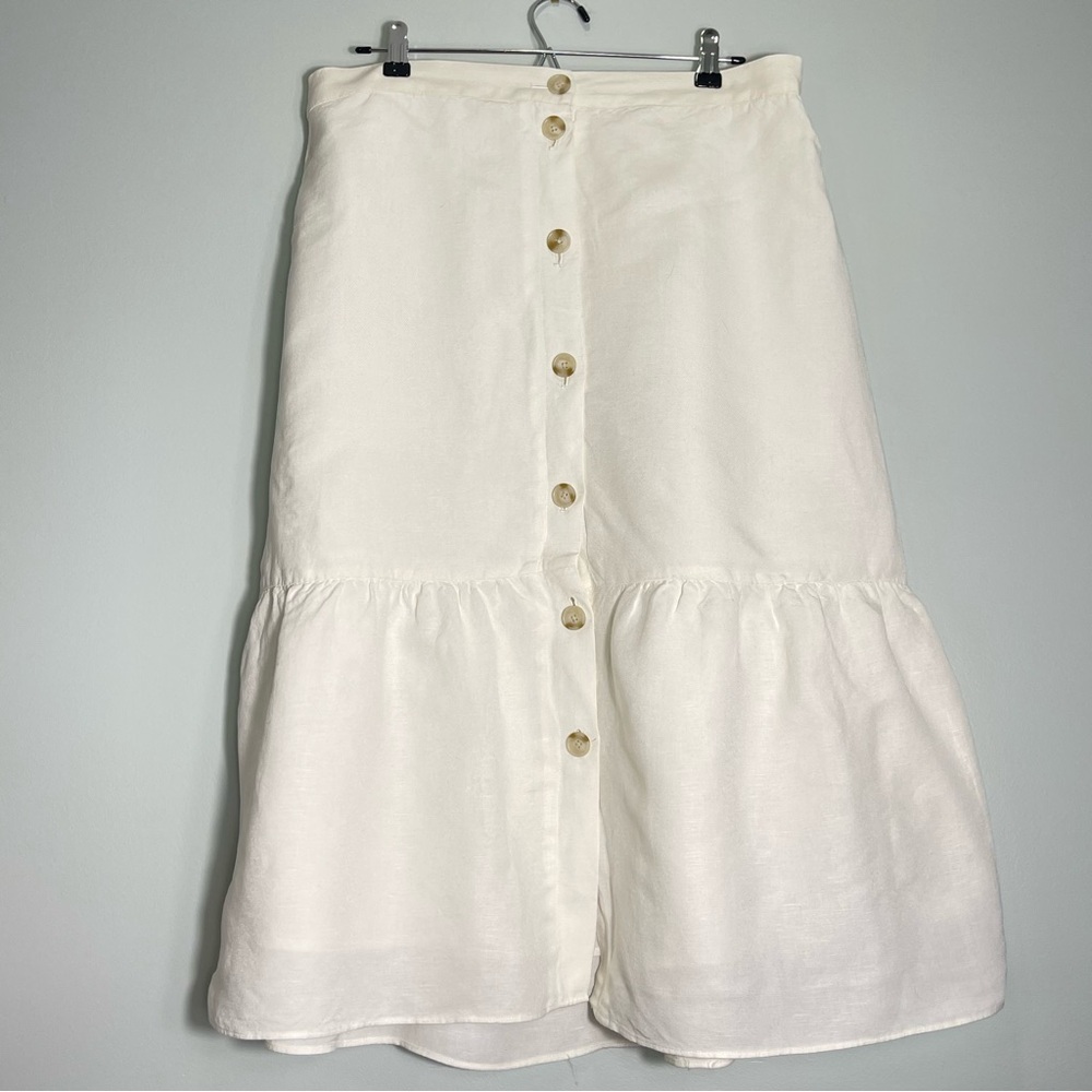 LOFT Women's Linen Blend Ivory Button Front Peasant Boho Lined Skirt Size Large